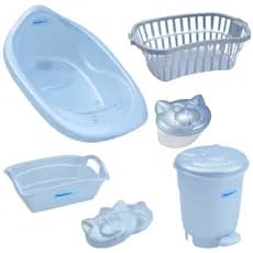 KIT BANHEIRA DE BEBE+ORGANIZADOR+LIXEIRA+CESTO TELADO + PORTA ALGODÃO + SABONETEIRA - Vários Modelos