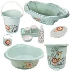 KIT BANHEIRA DE BEBÊ DECORADA LUDICA PLASUTIL + KIT HIGIENE URSO 5 PEÇAS + BACIA LIXEIRA BALDE SABONETEIRA PORTA CHUPETA