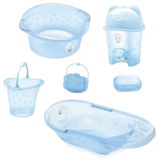 Kit Banheira Bebe Infantil Adoleta + Bacia + Balde + Saboneteira + Lixeira - Menino