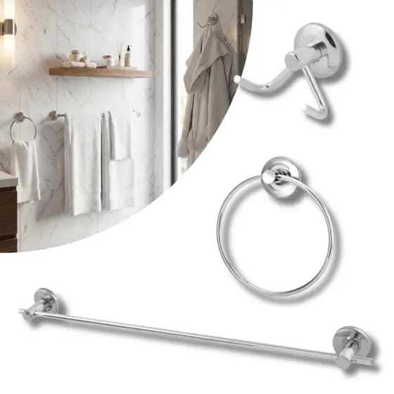 Kit 03 Peças Metal e Inox com Porta Toalha de Rosto, Porta Toalha Banho e Cabide Duplo