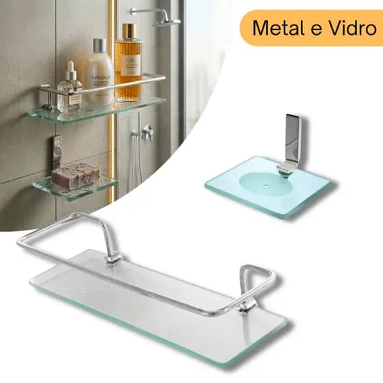 Kit 01 Porta Shampoo Reto + 01 Saboneteira Semi Luxo Vidro Fixação Dupla de Parede