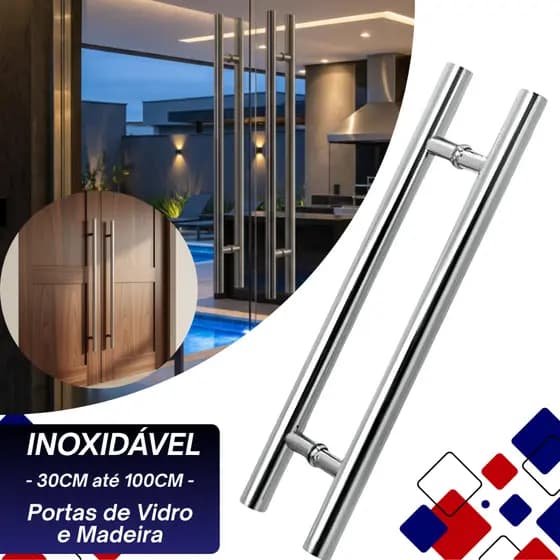Puxador Duplo Pivotante Metal Inoxidável Haste Redonda Para Porta De Madeira, Vidro - Tamanhos