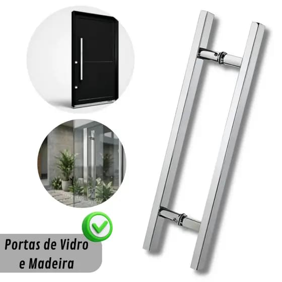 Puxador Duplo Plano Metal Inoxidável P/ Portas de Madeira, Vidro e Metal 70cm/80cm/90cm/100cm/110cm