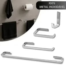 Kit para Banheiro Quadrado Cromado 4 Peças - Inox Alumínio Acessórios Conjunto de Banheiro Completo