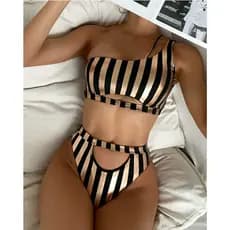 Conjunto de Bikini de ombro único listrado com corte