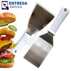 Espátula Inox Cabo Branco 3” Curva e 4” Reta para Chapa Lanche Hambúrguer Escolha a Variação