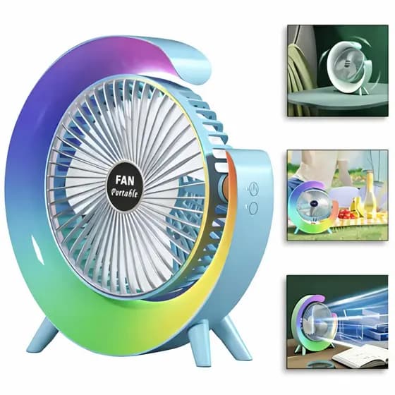 Mini Ventilador Silencioso Portátil LED RGB Recarregável USB 3 Velocidades Colorido Super Silencioso
