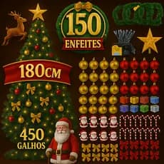 Árvore de Natal 1,80m Verde Pé de Ferro 400 Galhos Luxo Com 150 Enfeites Premium