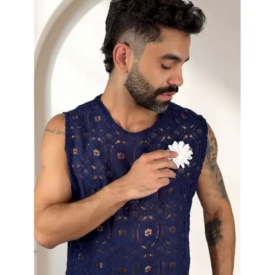 regata masculina em renda regata com transparência camiseta praia
