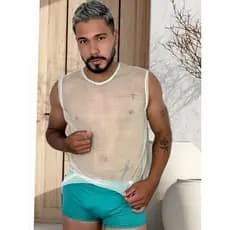 REGATA MASCULINA TULE COM BRILHOS CAMISETA MASCULINA COM TRANSPARENCIA REGATA COM BRILHO