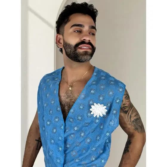 Kimono masculino com paetê réveillon regata tipo kimono azul