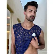 regata masculina Réveillon em renda com transparência camiseta masculina em renda