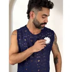 regata masculina renda de trico com broche regata réveillon tricô com transparência