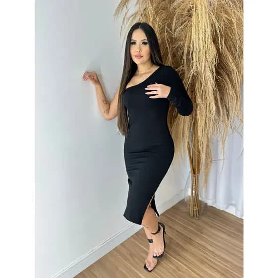 Vestido Feminino Mula Manca Manga Longa Midi Fendas Laterais Canelado 3D Premium
