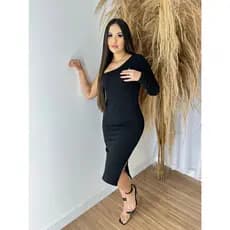 Vestido Feminino Mula Manca Manga Longa Midi Fendas Laterais Canelado 3D Premium