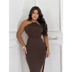 Vestido Feminino Colado Amarrar Costas Suplex Longo Vazado com Fenda Empina Bumbum