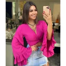 Blusa Cropped Amarrar Frente / Costa Manga Longa Flare Amarração Multiformas Babado