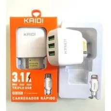 Carregador Turbo Fonte Kaidi Usb 3.1A KD-606C iPhone / Tipo C Kaidi / Micro USB Original Com Cabo