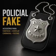 Distintivo Policial Fake em Couro e Metal Acessório Brincadeira Pegadinha Festa Fantasia Carnaval
