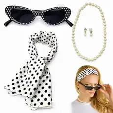 Kit Fantasia Anos 50 - 60 Completo Adulto Cosplay Lenço Óculos Colar Brinco Luxo