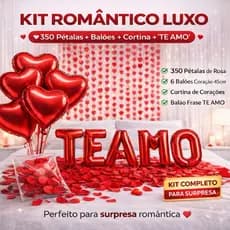 Kit Romântico 350 Pétalas de Rosa + Cortina de Corações + 6 Balões Coração 45cm + Balão Te Amo