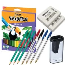 Kit Material Escolar Ensino Médio 3 Lápis Escrever Bic +24 Lápis Cor Bic +Apontador +2 Borracha Mercur +4 Caneta Bic