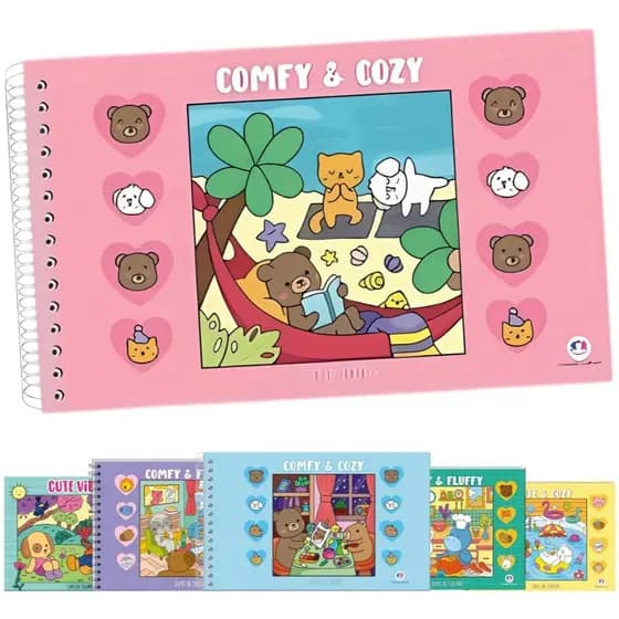 Livro Colorir Pintar Original Comfy Cozy Friends Capa Dura Holográfica 48 Desenho C Folha de Acetato