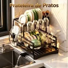 Escorredor de Louça Organizador de Pia Rack de Cozinha Dois Andares Aço Carbono Porta Copos Talheres
