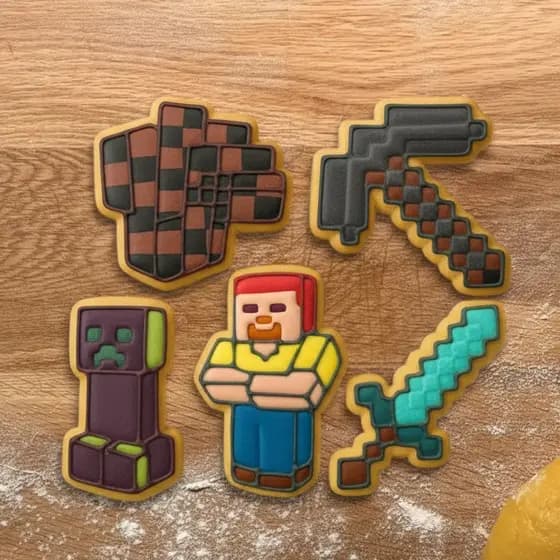 Kit 5 Cortadores De Biscoito Minecraft Molde Pasta Americana Confeitaria Picareta Espada Personagens Festas