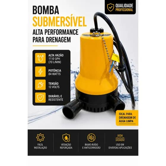 Bomba Submersível 12V 84W Alta Vazão 70L/min Drenagem Água Limpa