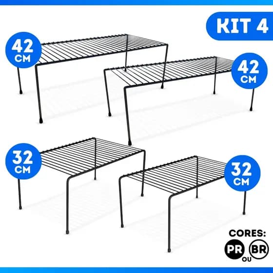 Kit 4 Organizador Aramado 32cm e 42cm Armario Cozinha Sapateira Armarios Suporte Aço Preto Branco