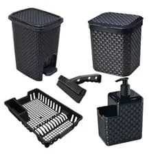 Kit Cozinha Completa Lixeira Pia 5 Litros + Lixeira 7 Litros + Porta Detergente + Rodinho de Pia + Escorredor Louça