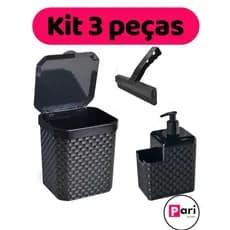 Kit com 3 peças Lixeira Rattan 5L Preta com Tampa + Porta Detergente Dispenser + Rodinho de pia
