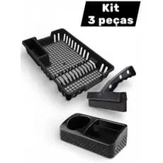 Kit Escorredor de Louças 12 Pratos Cozinha Plástico Preto Porta Detergente Base Rodinho de pia
