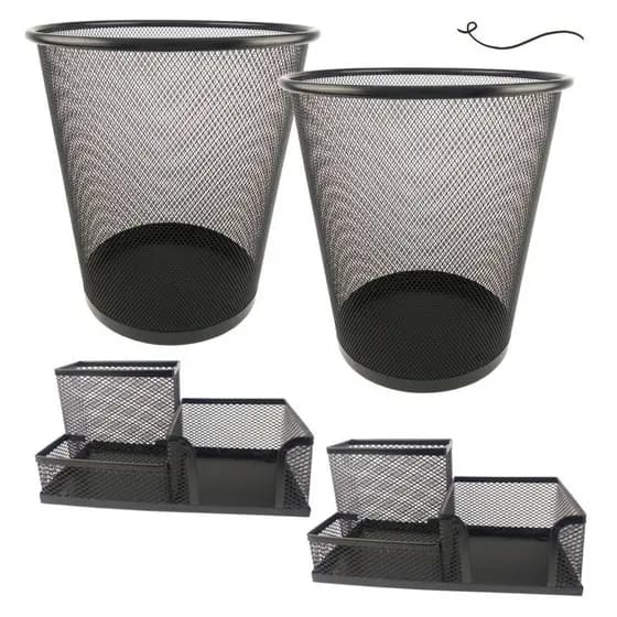 Kit Organizador de Mesa Escritório e Lixeira Aramada Home Office Preto