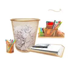 Kit Escritório Lixeira Organizador De Mesa Bandeja Organizadora Porta Caneta Dourado