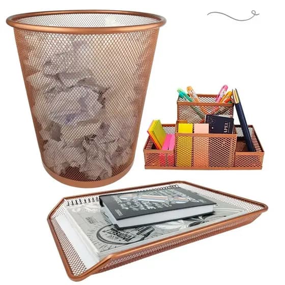 Kit Escritório Lixeira, Organizador de Mesa, Bandeja Organizadora Rose Gold