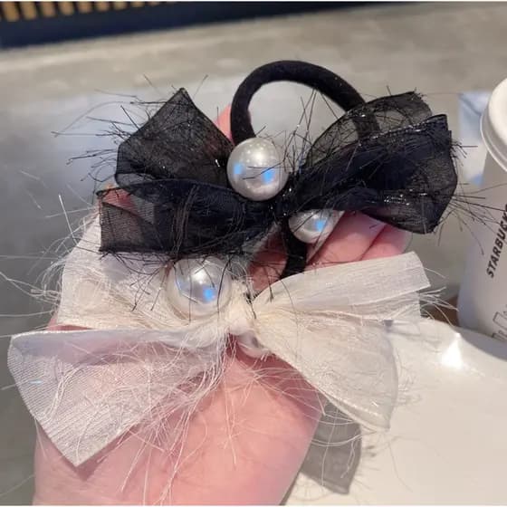kit 5 Elásticovariado para Cabelo com Pérolas e Laço Elegante - Toque Sofisticado para Seu Visual