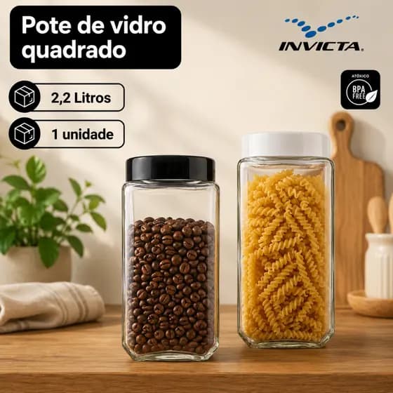 Pote Vidro 2,2 litros Quadrado Tampa Rosca Color Invicta