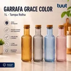 Garrafa de Vidro 1 Litro Grace Color c/Tampa Rolha Água Suco Vinho Tuut