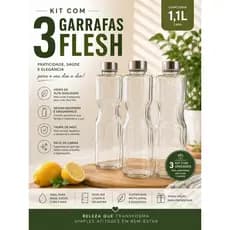 Kit c/3 Unid Garrafa Quadrada Flesh 1,1 litros Vidro Tampa Hermética Geladeira Mimo Style