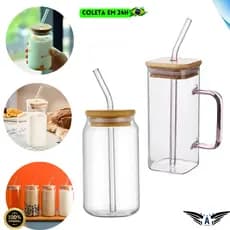 Kit 2 Copos Canecas de Vidro com Tampa de Bambu e Canudo de Vidro 600ML E 300ML Drinks Caipirinha