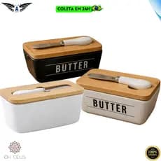 Manteigueira De Porcelana Tampa De Bambu Hermética 400ml Com Espátula Inox Manteiga Premium