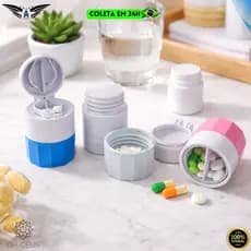 Porta Comprimidos 4 em 1 Com Cortador Amassador De Remédios Organizador Medicamentos Portátil Viagem