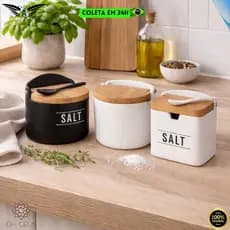 Saleiro De Porcelana Com Tampa De Bambu e Colher Hauskraft Branco e Preto Decoração Cozinha Premium