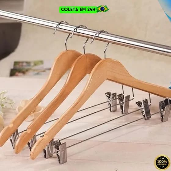 Kit 3 Cabides Madeira Com Presilhas Acabamento Em Verniz Roupas Armário Closet Organizador Multiuso