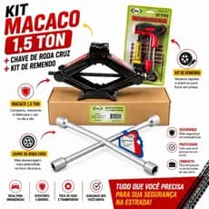 KIT Macaco Mecanico 1.5 Ton + Chave de roda cruz Universal + kit remendo