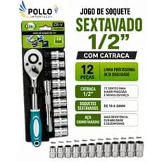 Jogo De Soquete Sextavado 1/2 Catraca 12 Peças 10 a 24mm com Extensão
