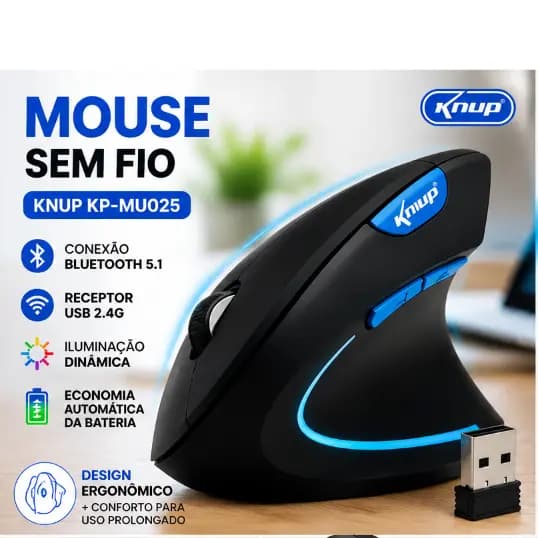 Mouse Vertical Ergonômico Sem Fio Knup KP-MU025 Bluetooth e USB
