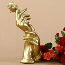 Estátua Mão com Rosa Dourada em Resina 30cm Decoração Moderna Luxo para Sala e Escritório